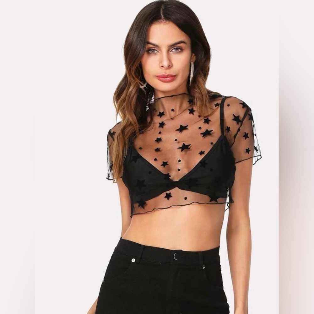 SHEIN Star Print Sheer Mesh Crop Top. Black. Women’s size medium. New. Mock neck